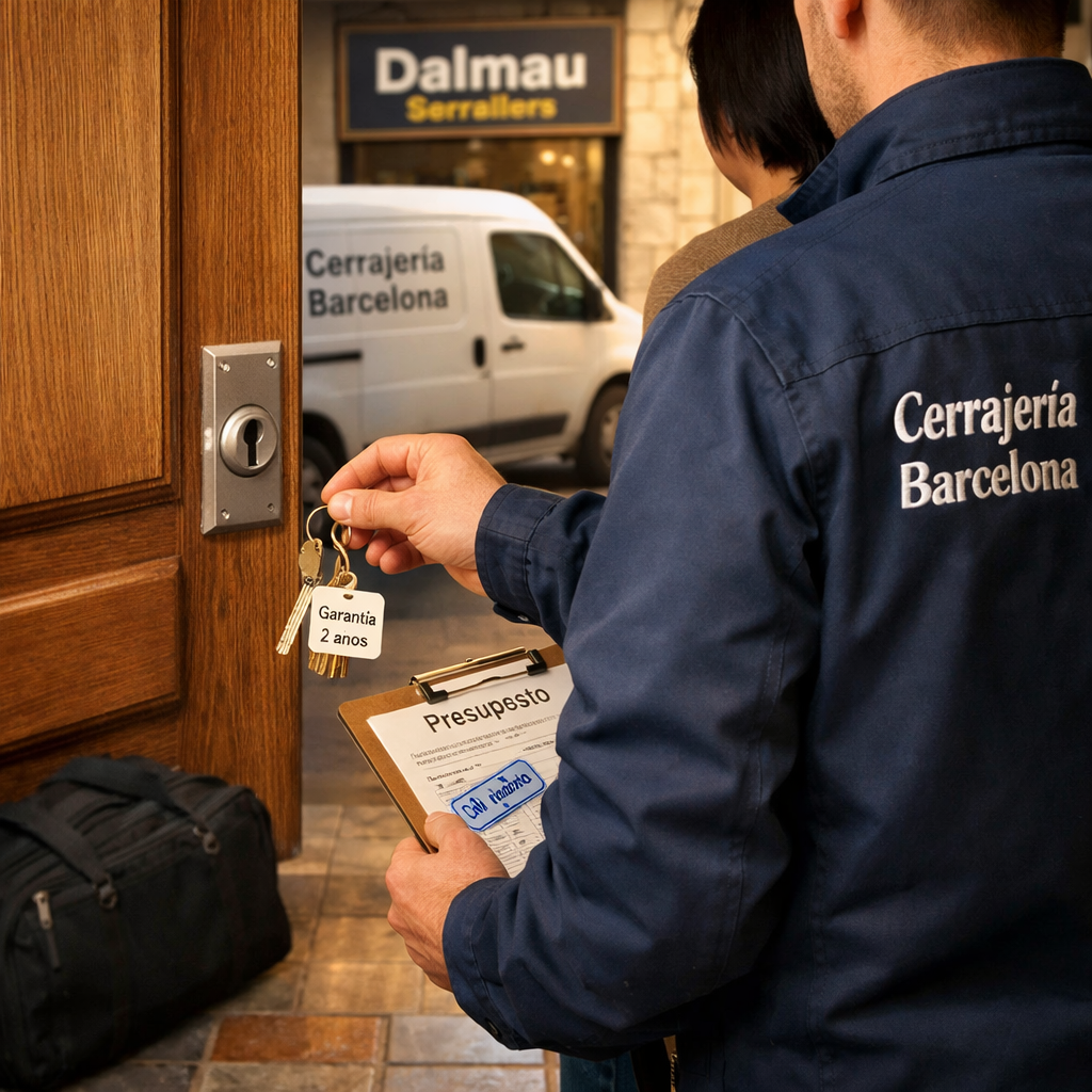 Un cerrajero entrega una llave a un propietario en Barcelona, mostrando un nuevo candado y un ambiente profesional y cálido. Que empresas ofrecen los mejores servicios de instalacion de cerraduras en Barcelona.