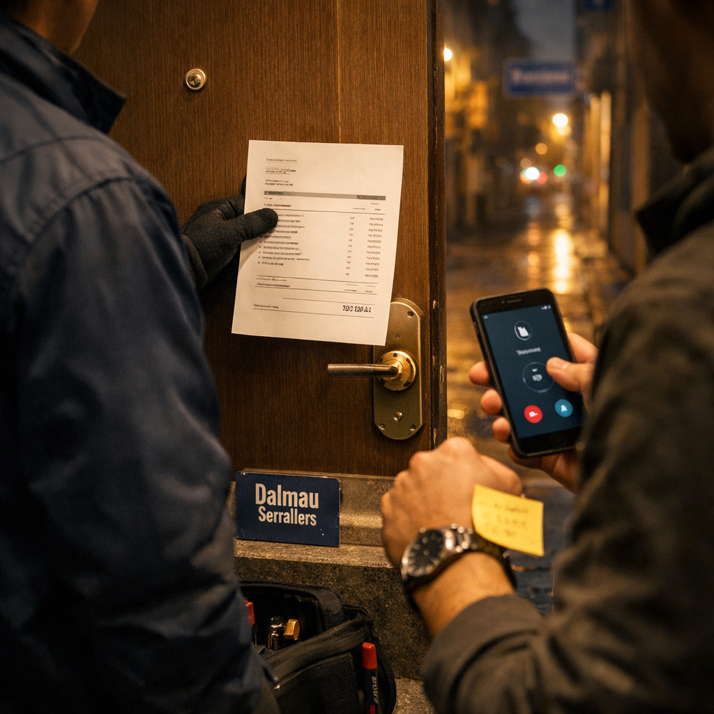 Donde puedo contratar servicios de apertura de puertas confiables en Barcelona: cerrajero y cliente junto a puerta.