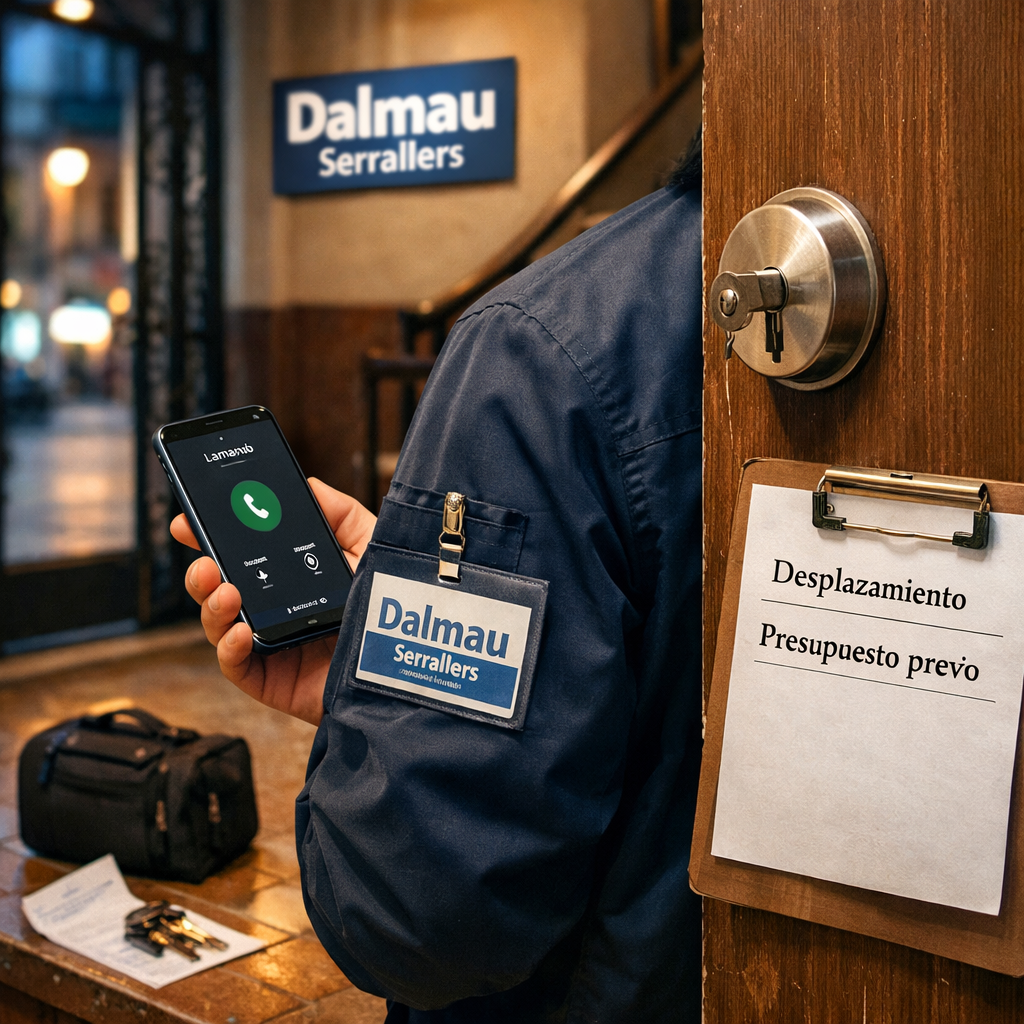 Cerrajero en Barcelona junto a una puerta, mostrando móvil con “Cerrajería 24 h” y presupuesto. A quien puedo contactar en Barcelona para servicios urgentes de cerrajeria