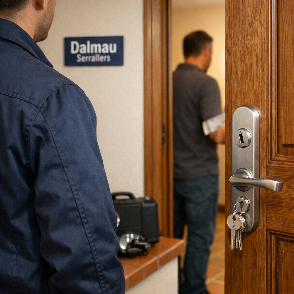 Técnico inspecciona una cerradura intacta; propietario sostiene documentos. Que metodos se utilizan para abrir puertas sin danar la cerradura