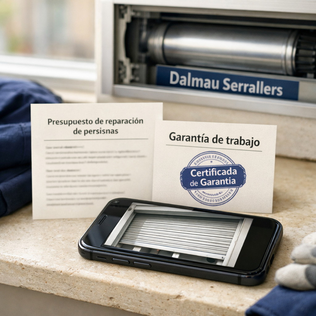Presupuesto y garantu00eda junto a mu00f3vil y persiana de aluminio abierta en un piso de Barcelona; Cuales son las mejores empresas de reparacion de persianas en Barcelona