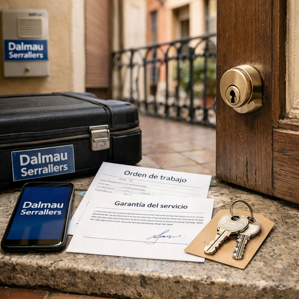 Entrada de piso barcelonu00e9s con llaves, documentos, herramientas y cilindro instalado; Donde puedo contratar un servicio rapido para cambiar cerraduras en Barcelona